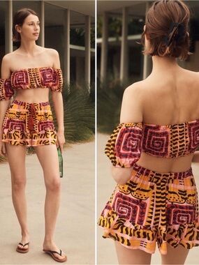 Anthropologie Pink & Yellow Printed Off-Shoulder Crop Top